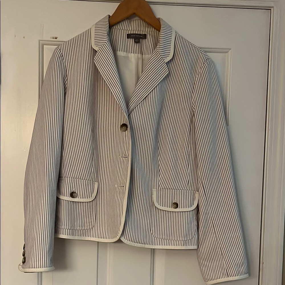 Ann Taylor White and Lavender Stripe Blazer with Notched Lapel